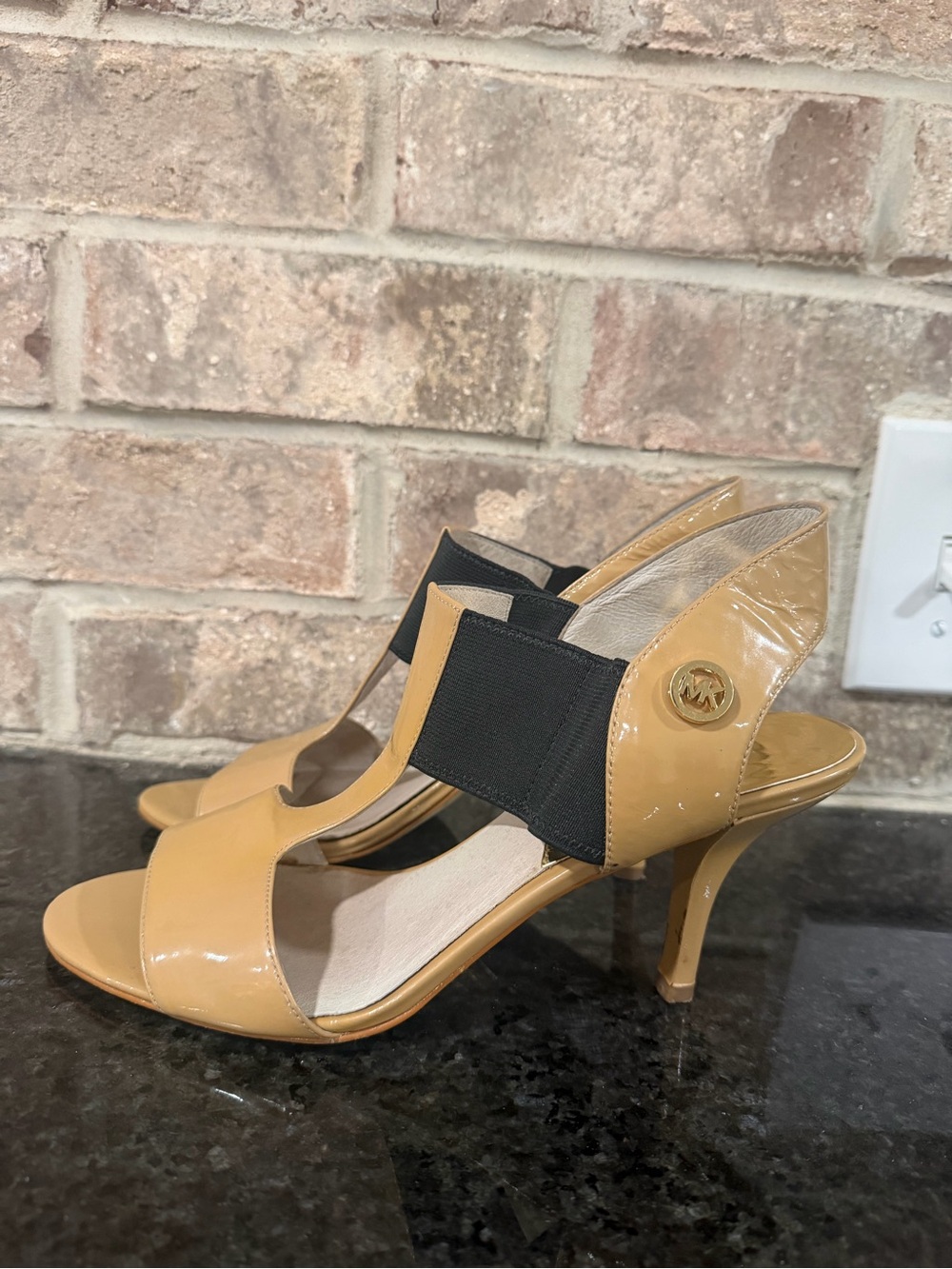 Michael Kors Tan and Black Patent Leather T-Strap Heels